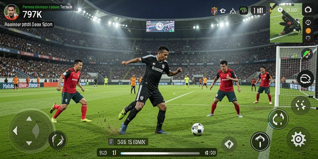 Tampilan gameplay menegangkan di arena olahraga dengan aksi pemain.