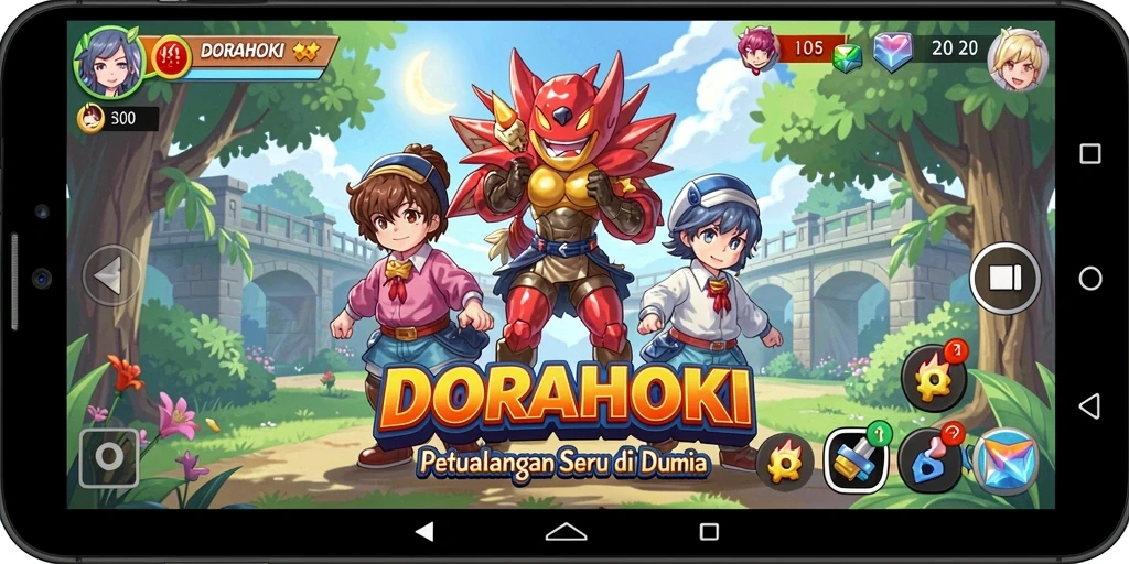 Screenshot utama DORAHOKI menampilkan karakter anime yang beraksi.