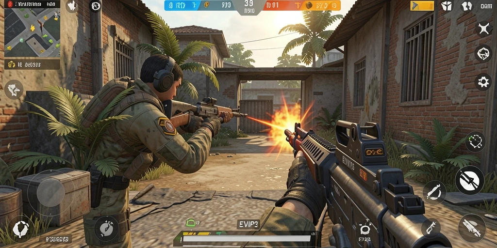 Tampilan gameplay mendebarkan dalam EVIP3 dengan aksi tembak-tembakan yang intens.