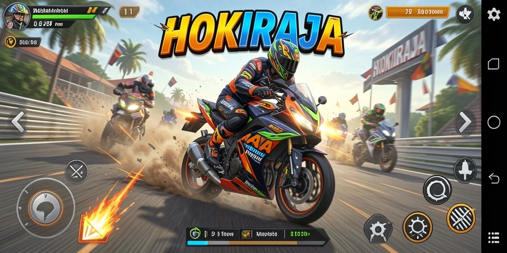 Screenshot HOKIRAJA menampilkan aksi balap motor yang mendebarkan.