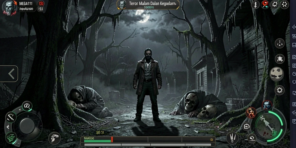 Screenshot gameplay MEGA111 yang menggambarkan suasana mengerikan.