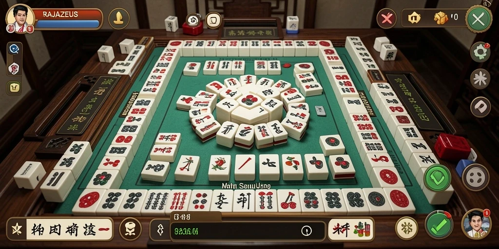 Tampilan gameplay seru dalam RAJAZEUS yang penuh strategi Mahjong.
