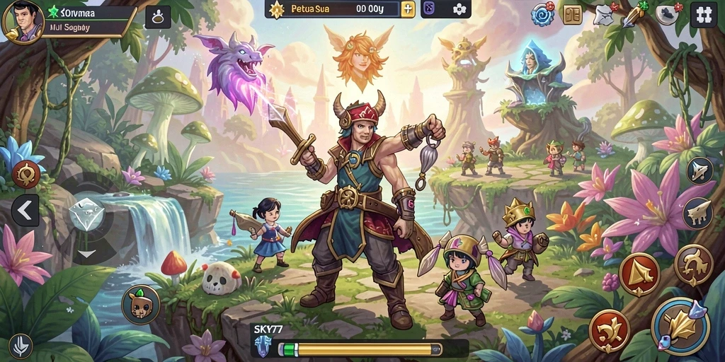 Screen gameplay <strong>SKY77</strong> menampilkan aksi petualangan yang mendebarkan dan karakter yang menakjubkan.